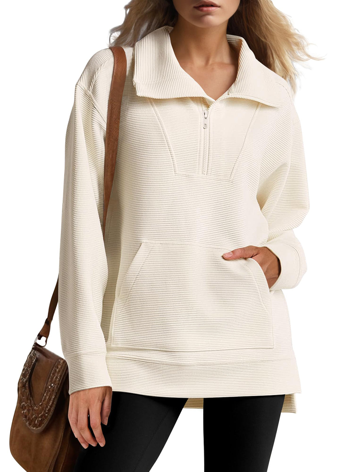 Women's Oversized High Neck Half Zip Knit Sweatshirt