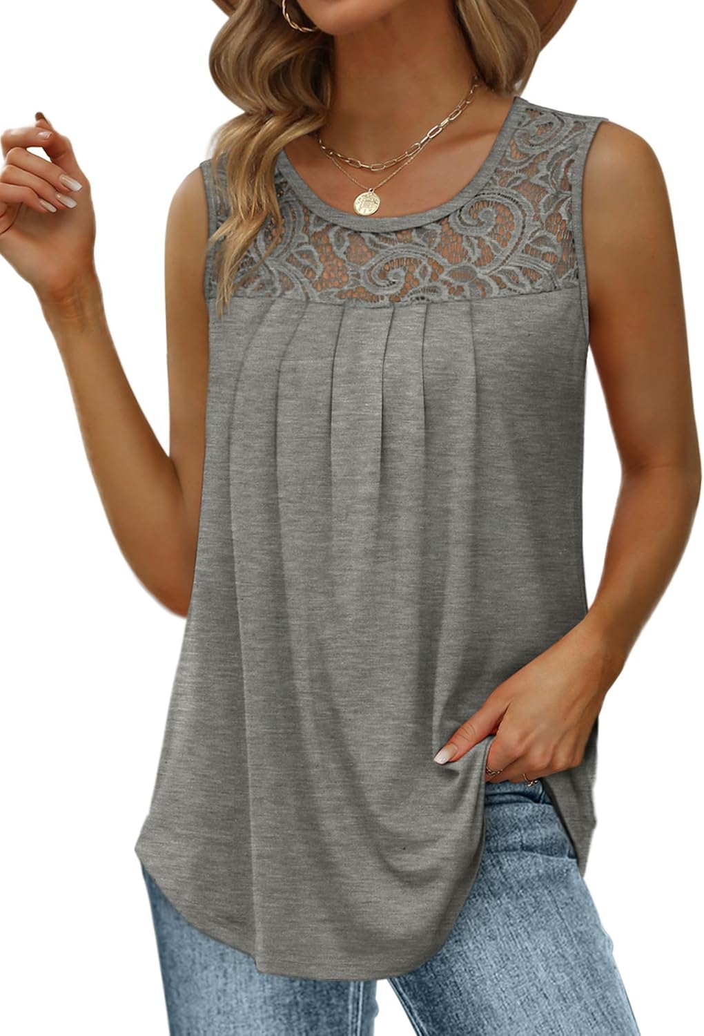 ✨Women's Loose Fit Pleated Scoop Neck Sleeveless Lace Tank Tops