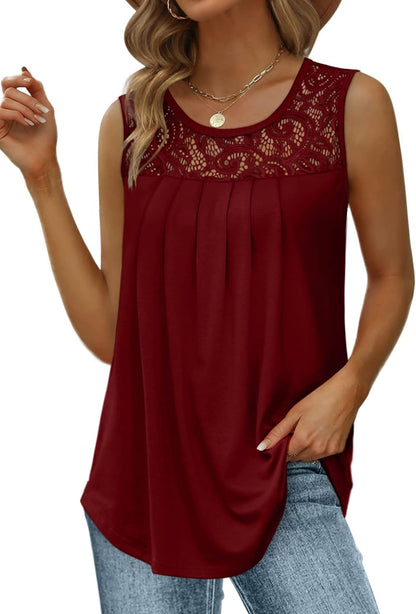 ✨Women's Loose Fit Pleated Scoop Neck Sleeveless Lace Tank Tops