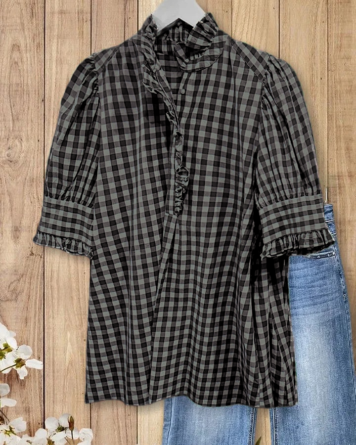 ⏰Hot Sale-Women's Grid Smart Ruffles Trim Puff Sleeve Blouse
