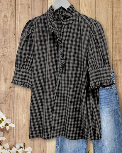 ⏰Hot Sale-Women's Grid Smart Ruffles Trim Puff Sleeve Blouse