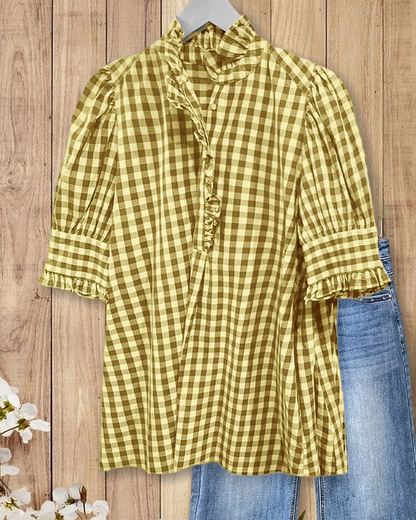 ⏰Hot Sale-Women's Grid Smart Ruffles Trim Puff Sleeve Blouse