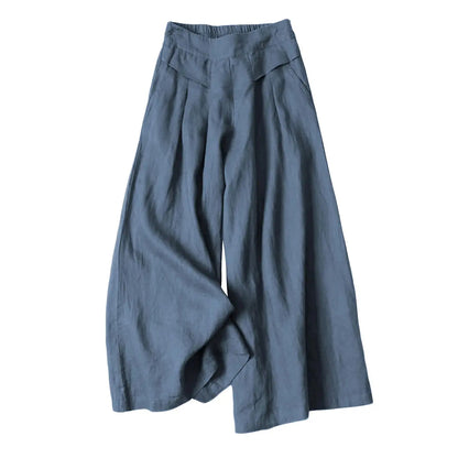 ⏰Hot Sale-Women's Cotton Linen Culottes Pants Elastic Waist Wide Leg Palazzo Trousers