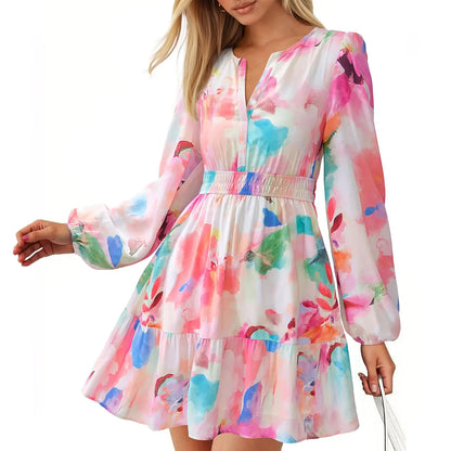 Women's Elastic Waist Boho Beach Vacation Clothes Floral Mini Summer Dress