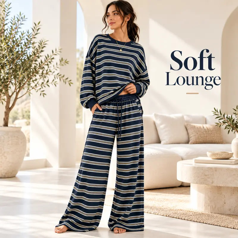 Women Striped Cross Back Loungewear 2 Piece Set