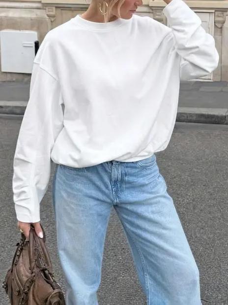 Cozy Solid Color Crewneck Pullover with Elastic Hem