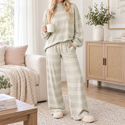 Women Striped Mock Neck 2 Piece Lounge Matching Set