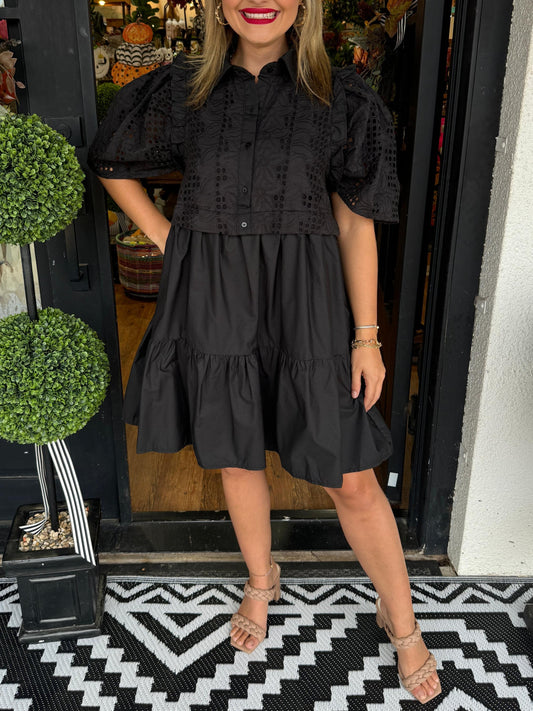 ✨Eyelet Detail Puff Sleeve Dress