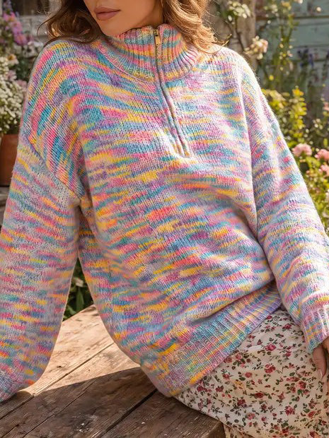 Hot Sale-Women's Oversized Rainbow Marled Half Zip Knit Sweater