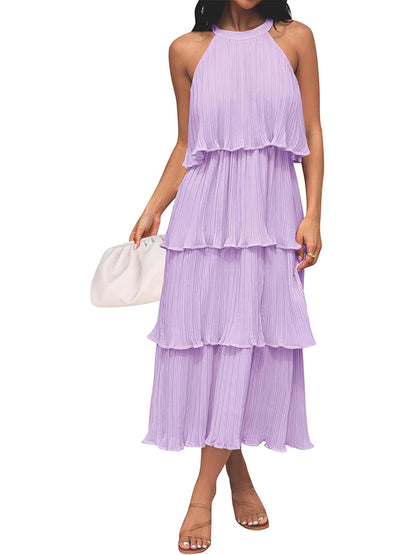 ⏰Hot Sale-Women's Summer Halter Neck Ruffle Tiered Layered Chiffon Flowy Swing Midi Dress