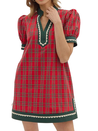 Women Classic Holiday Red Plaid Shift Dress