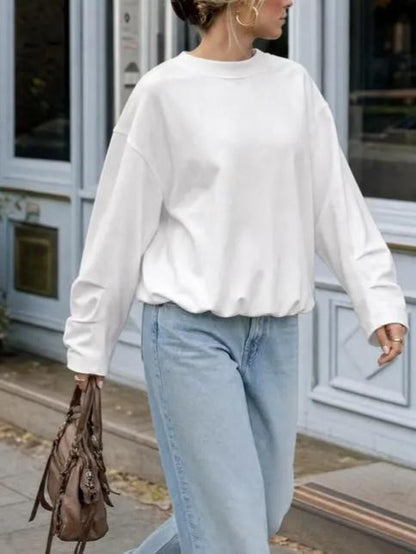 Cozy Solid Color Crewneck Pullover with Elastic Hem