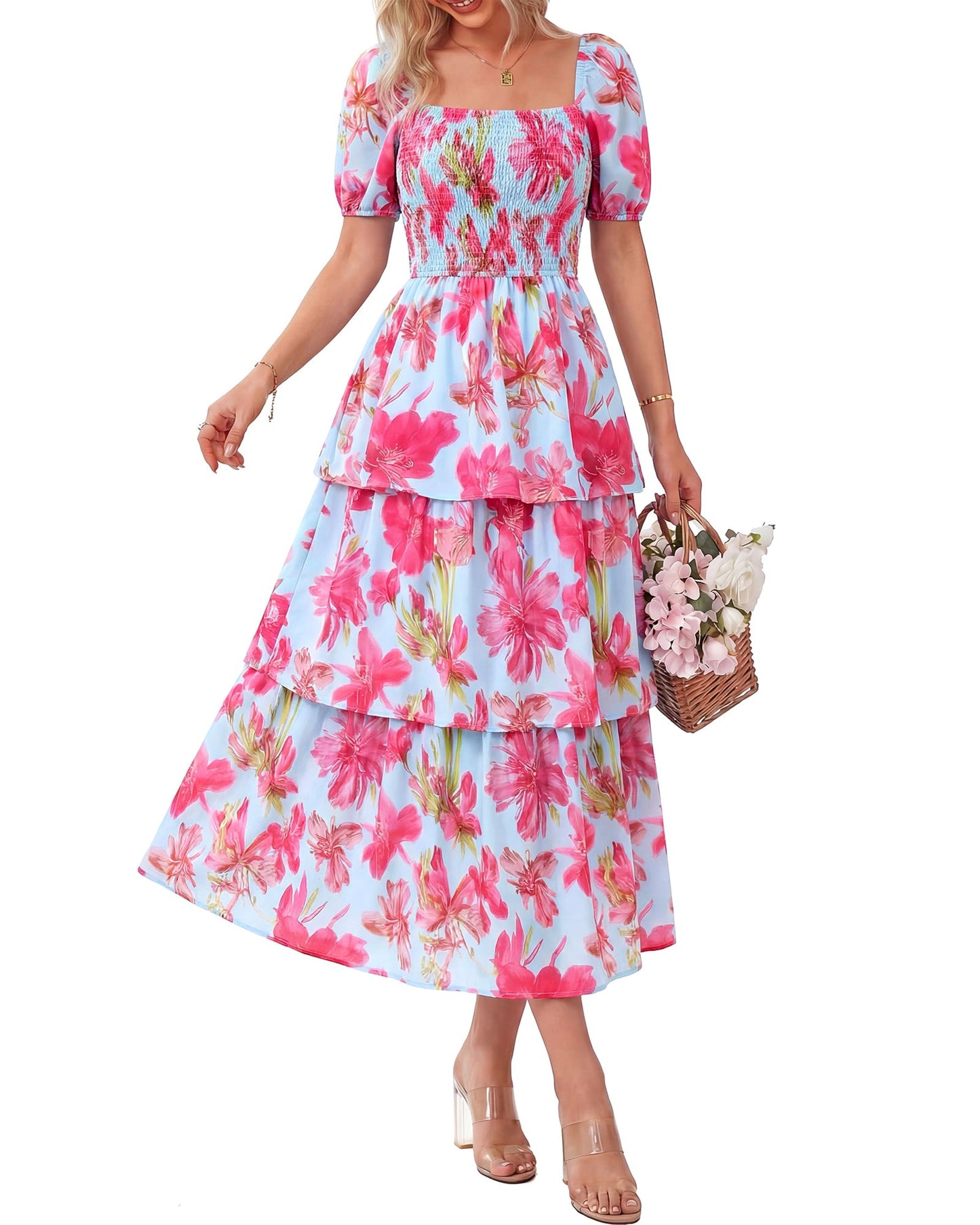 Limited time sale🔥Women's Floral Square Neck Puff Short Sleeve Smocked Tiered Dress