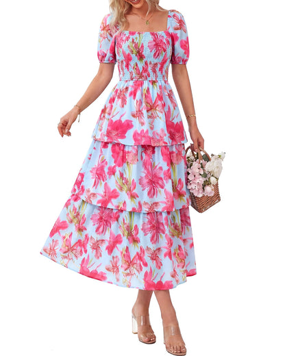 Limited time sale🔥Women's Floral Square Neck Puff Short Sleeve Smocked Tiered Dress