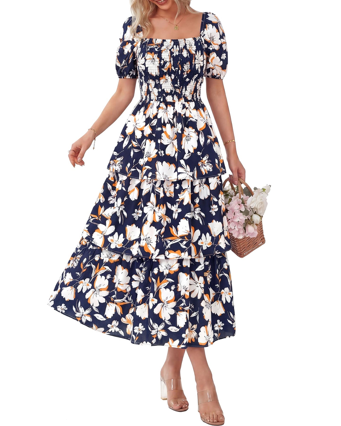 Limited time sale🔥Women's Floral Square Neck Puff Short Sleeve Smocked Tiered Dress