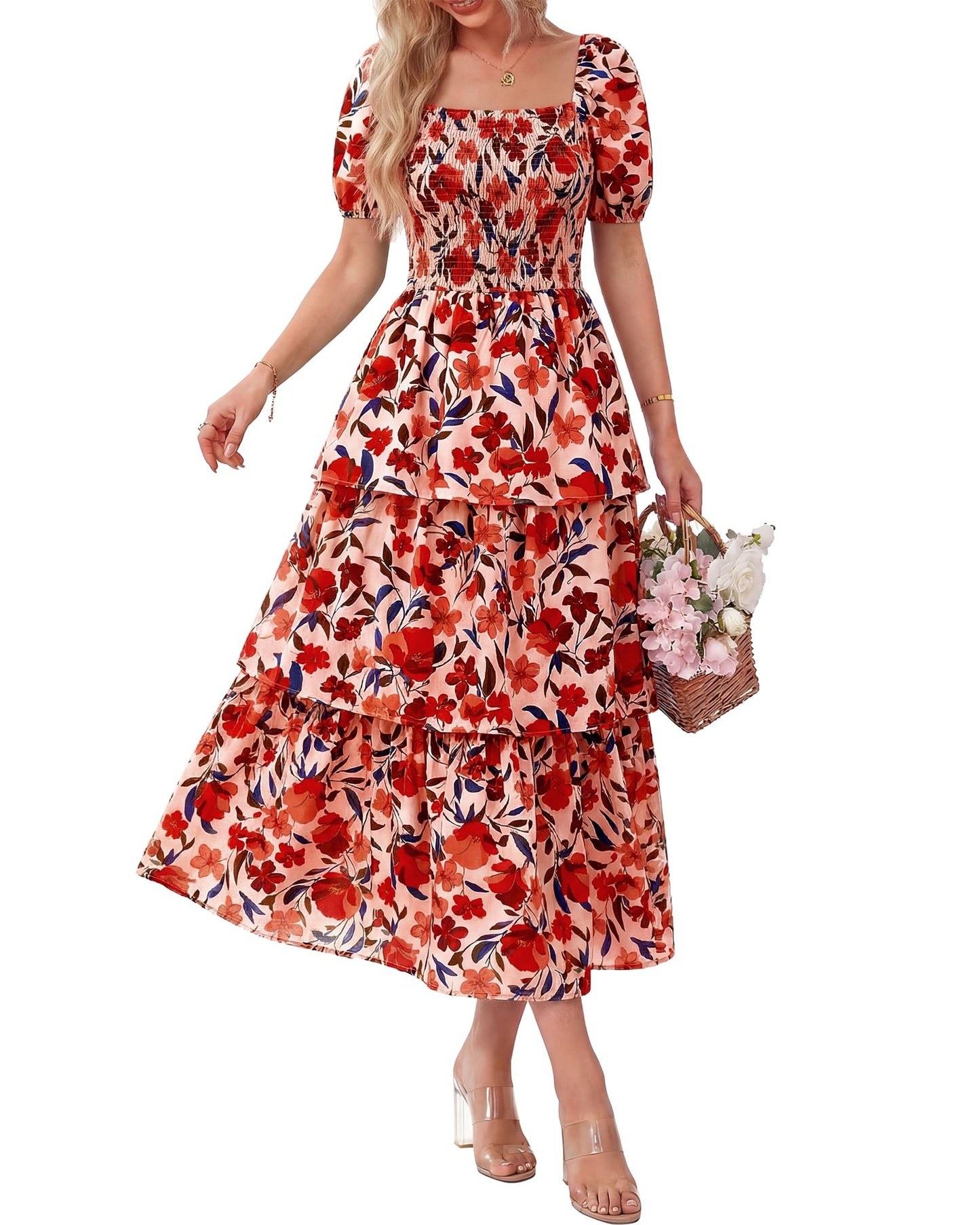 Limited time sale🔥Women's Floral Square Neck Puff Short Sleeve Smocked Tiered Dress