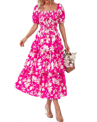 Limited time sale🔥Women's Floral Square Neck Puff Short Sleeve Smocked Tiered Dress