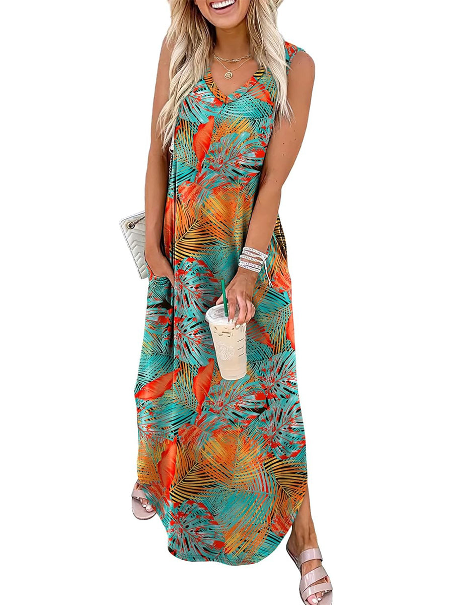 ⏰Hot Sale-Women's Boho Print V Neck Split Tank Long Dress with Pockets