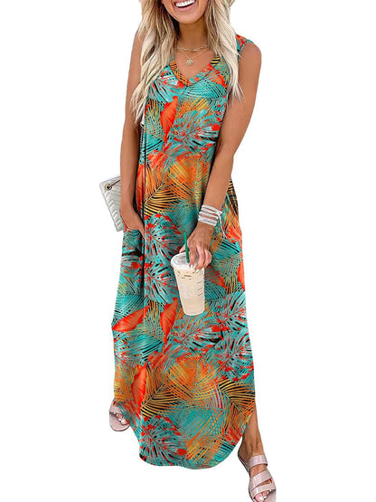 ⏰Hot Sale-Women's Boho Print V Neck Split Tank Long Dress with Pockets