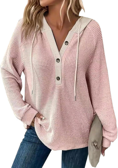 Women's Waffle Knit Drawstring Button Long Sleeve Hoodie