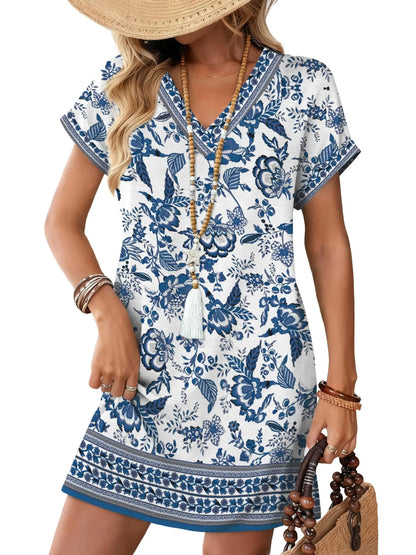 ⏰Hot Sale-Women's V-Neck Print Short Sleeve T-Shirt Dress