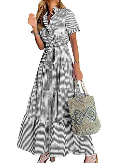 Women Button Down Striped Dress Lapel Collar Short Sleeve Dresses
