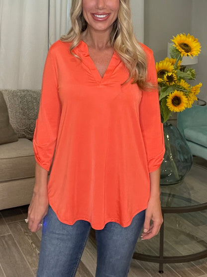 HOT SALE V Neck Satin 3/4 Sleeve Button Blouse