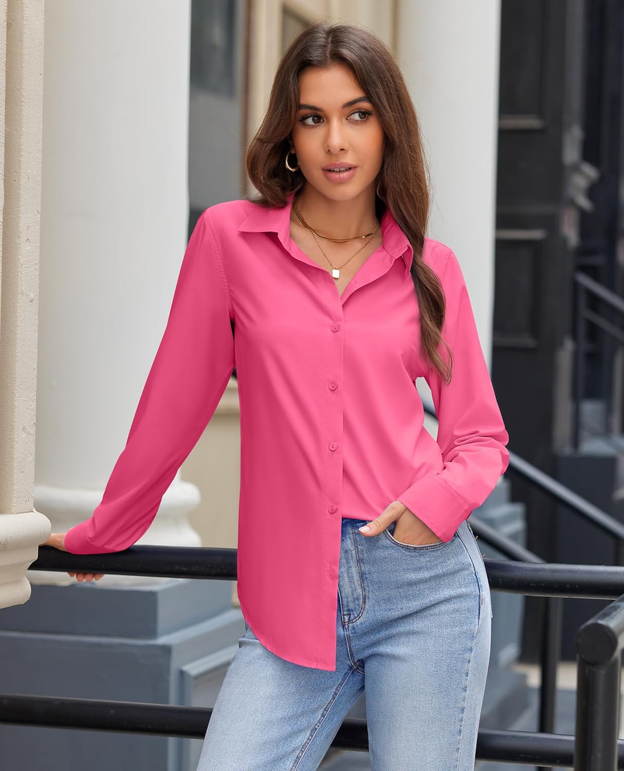Women Long Sleeve Wrinkle Resistance Button Down Shirts