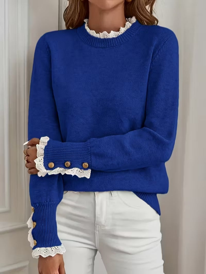 ✨Women's Long Sleeve Knitted Button Lace Trim Sweater