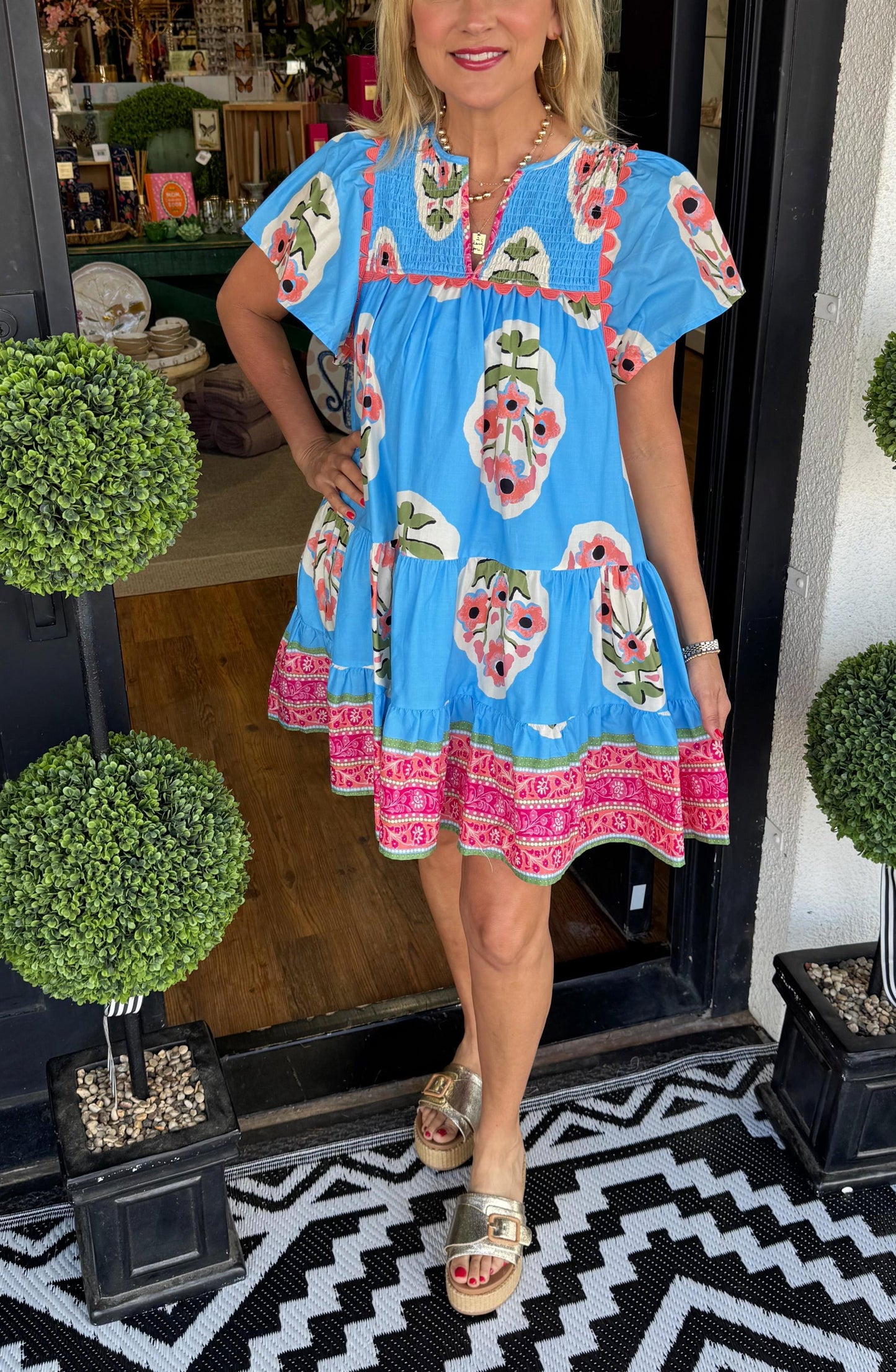 Women's V-neck Pleated Print Short Dress