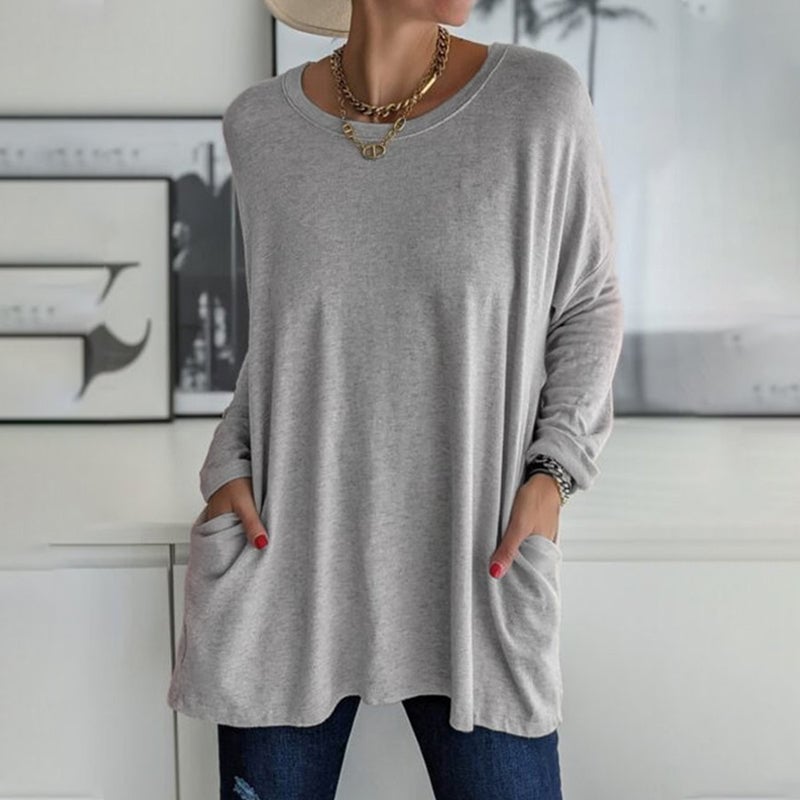 ⏰HOT SALE-Round Neck Long Sleeve Loose Pocket Solid T-Shirt