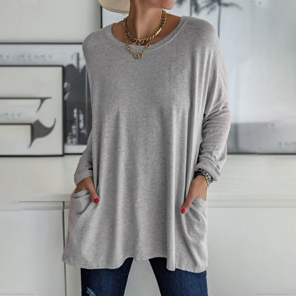 ⏰HOT SALE-Round Neck Long Sleeve Loose Pocket Solid T-Shirt