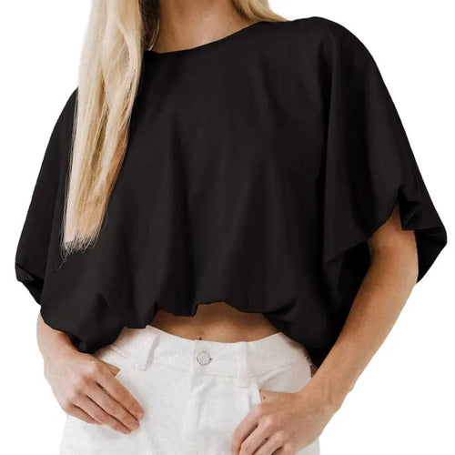 Women's Summer Crewneck Crop Tops Short Sleeve Casual Loose Cropped T Shirts