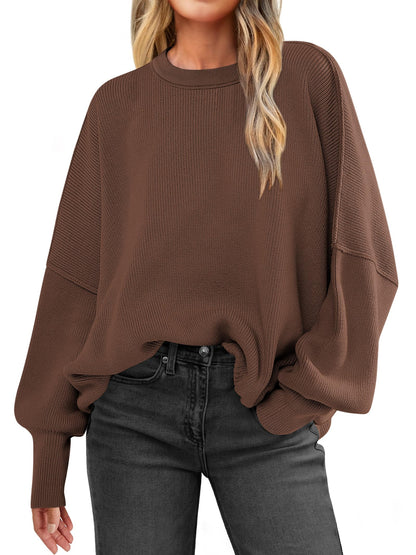 Women Oversized Side Slit Ribbed Knit Pullover Sweaters Top