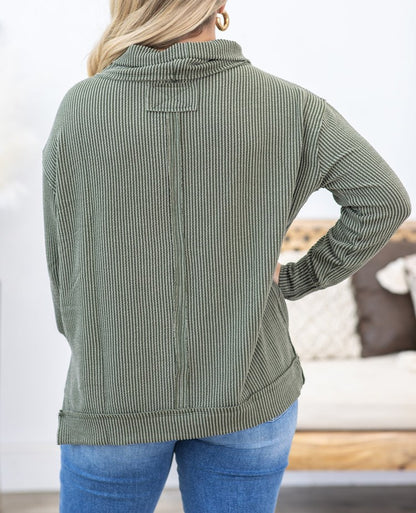 Ribbed Cowl Neck Long Sleeve Knit Top