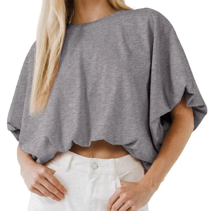 Women's Summer Crewneck Crop Tops Short Sleeve Casual Loose Cropped T Shirts