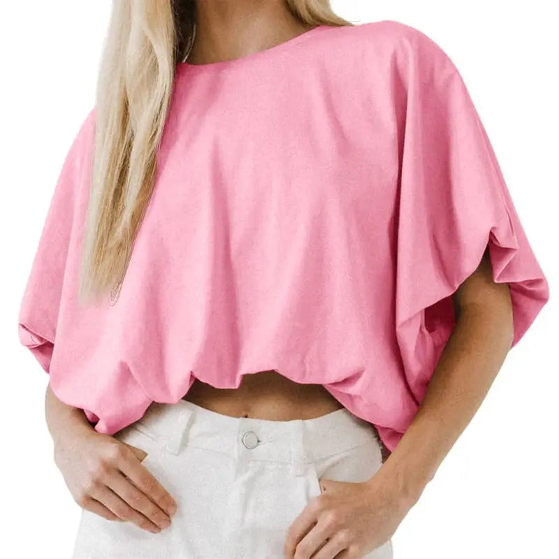 Women's Summer Crewneck Crop Tops Short Sleeve Casual Loose Cropped T Shirts
