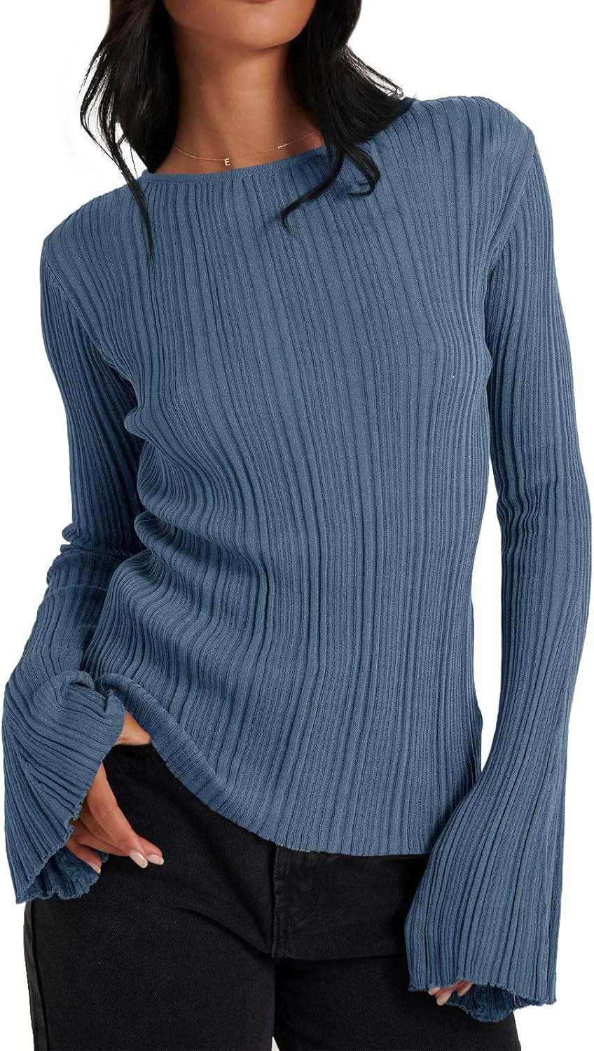 Womens Bell Long Sleeve Knit Tops Lightweight Pullover Sweaters