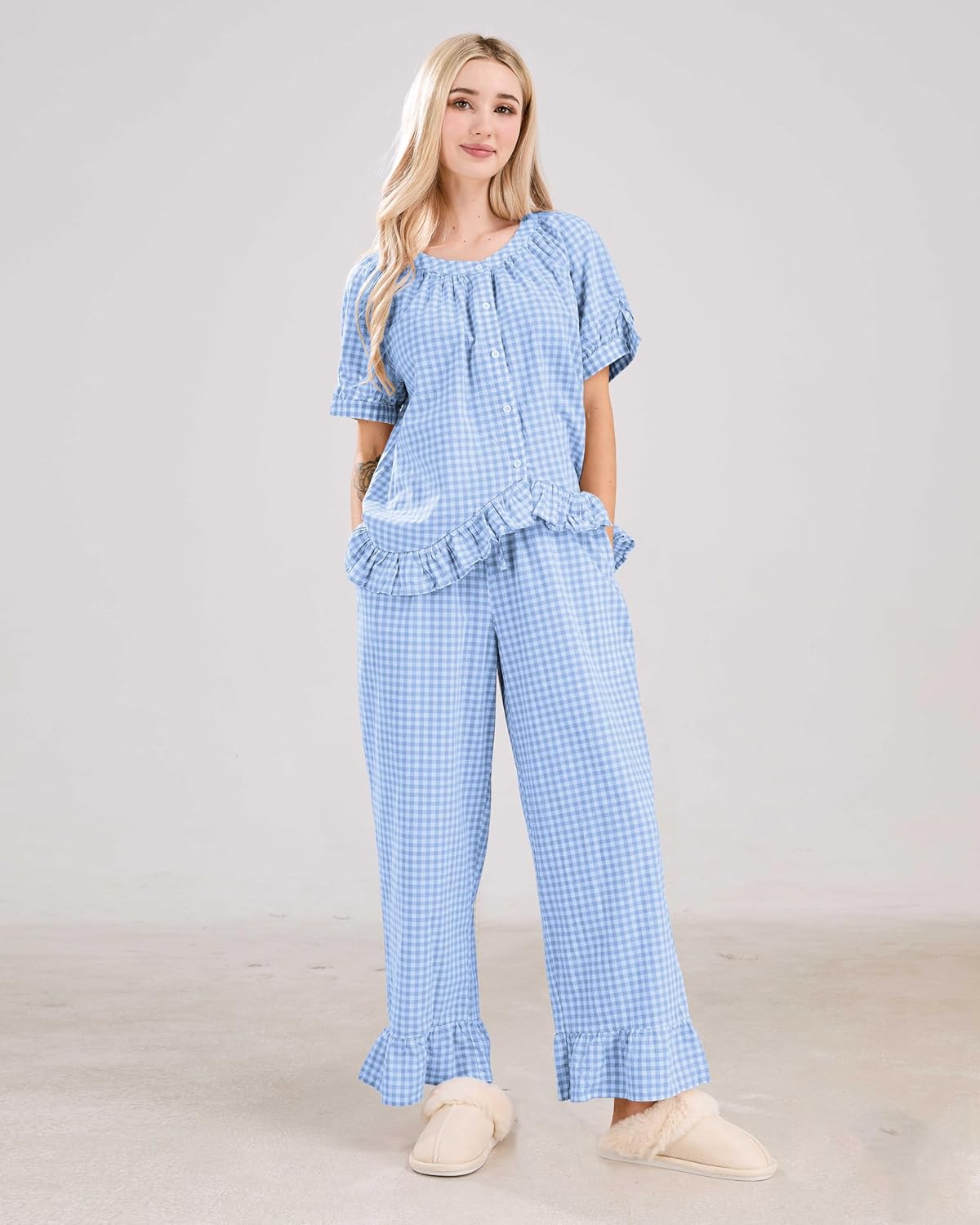✨Women Plaid 2 Piece Set Pajamas Outfits Short Sleeve Ruffle Shirt Pants Sets