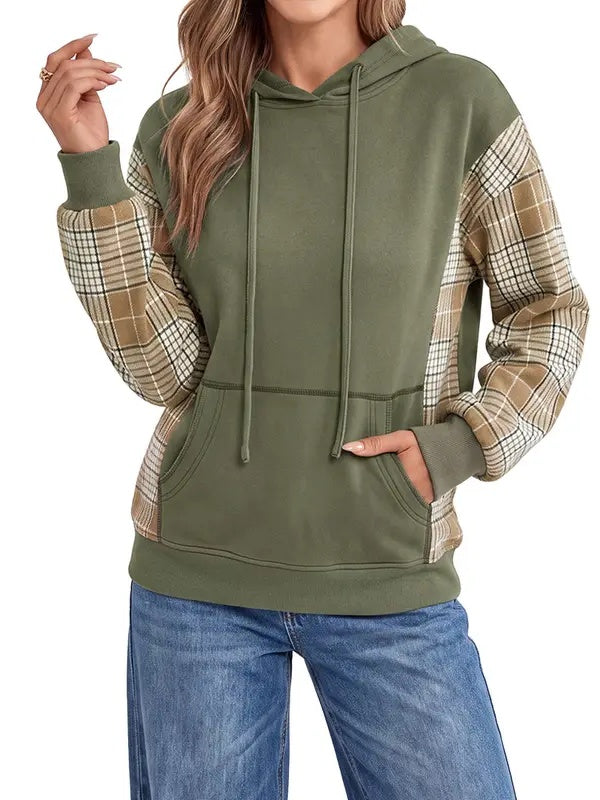 Women's Plaid Spliced Color Block Hoodie
