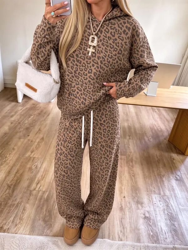Leopard Print Hooded Two Piece Set