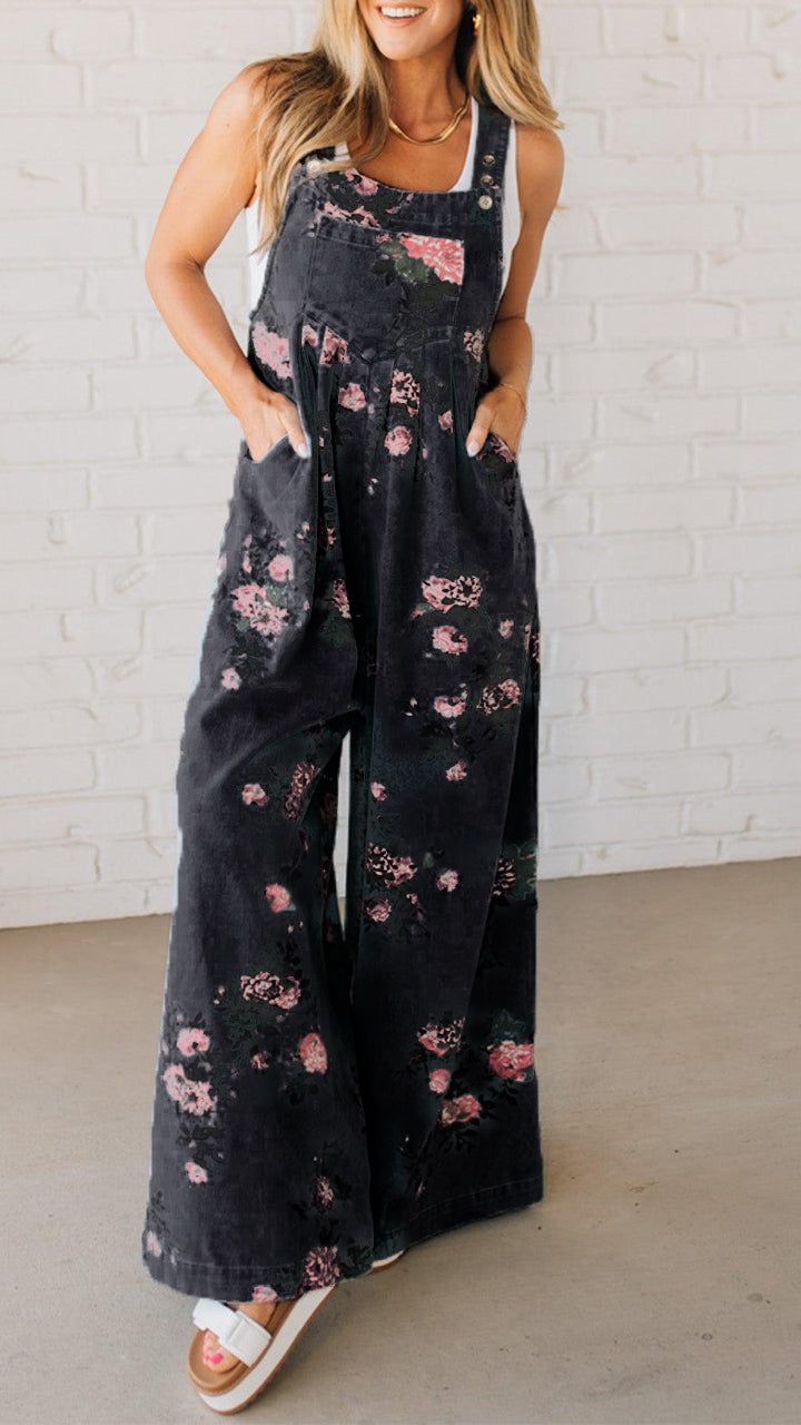 Women's Trendy High Waist Wide Leg Denim Jumpsuit Beau Blue Floral Print Pleated Detail