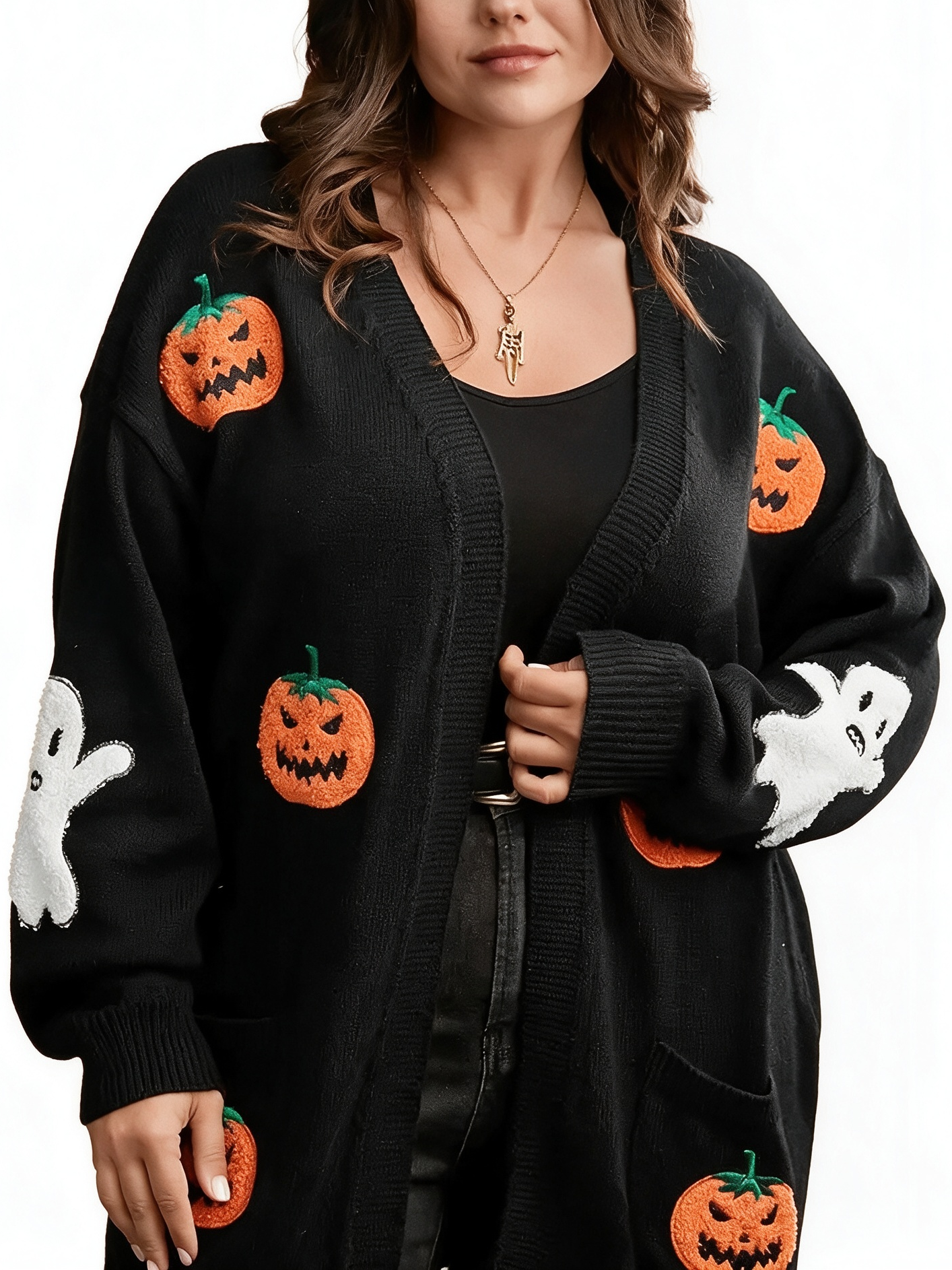 Women Casual Medium Length Pocket Halloween Embroidery Knit Open Cardigan