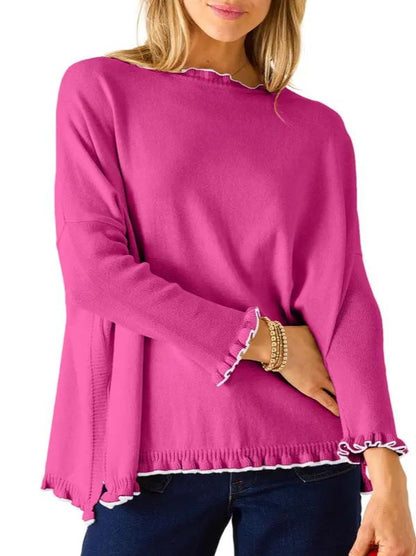 Hot Sale-Women's Long Sleeve Contrast Color Ruffle Hem Knit Top