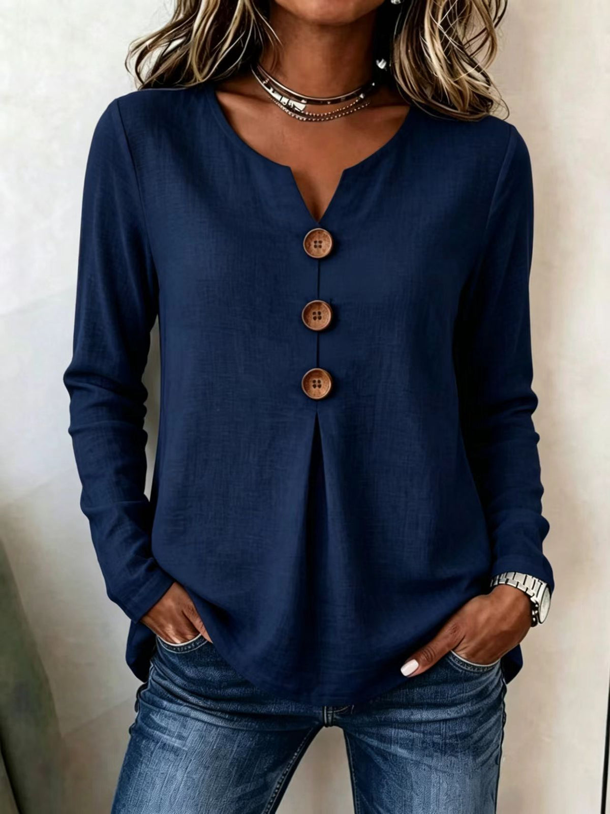 Retro Large Button V Neck Casual Long Sleeve Shirt