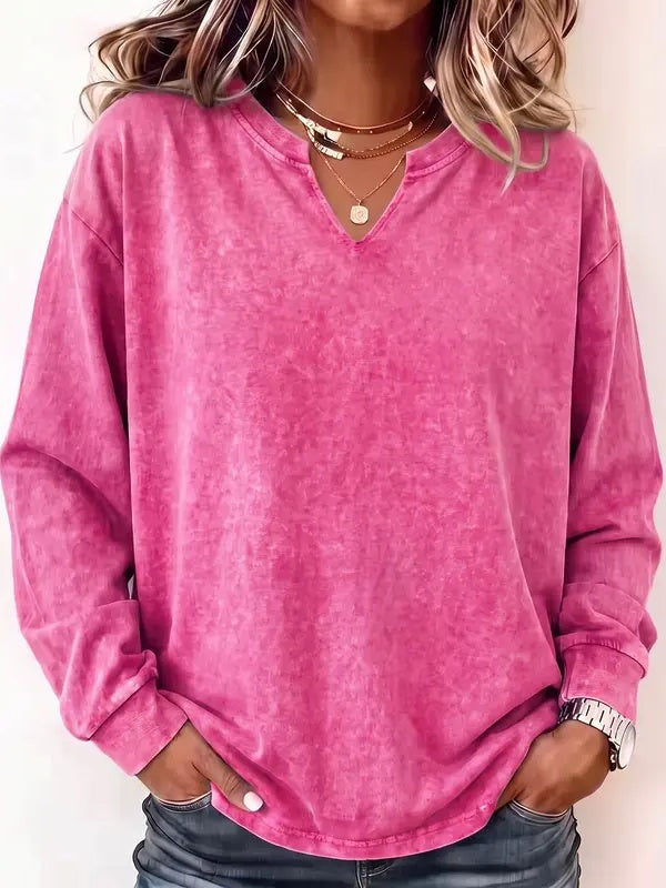 Vintage Washed Cotton Split V Neck Sweatshirt
