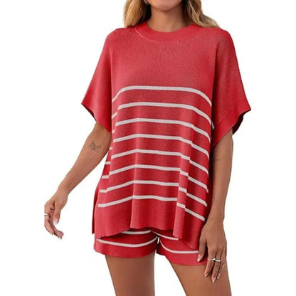 Women's Striped 2 Piece Outfits Oversized Batwing Short Sleeve Tops