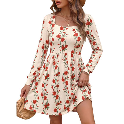 Square Neck Long Sleeve Floral Print Dress With Pockets