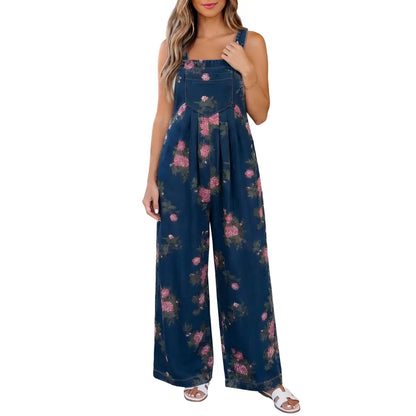 Women's Trendy High Waist Wide Leg Denim Jumpsuit Beau Blue Floral Print Pleated Detail