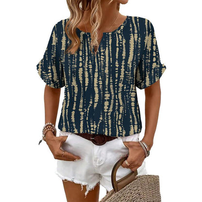 Split Notch V-Neck Rolled Cuff Short Sleeve Loose Casual Blouse Top